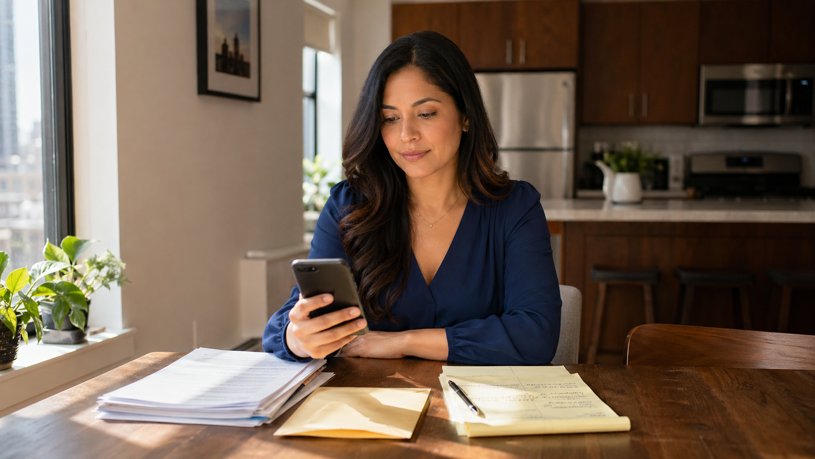 Tenant at table, documents organized, phone in hand — calm and prepared
