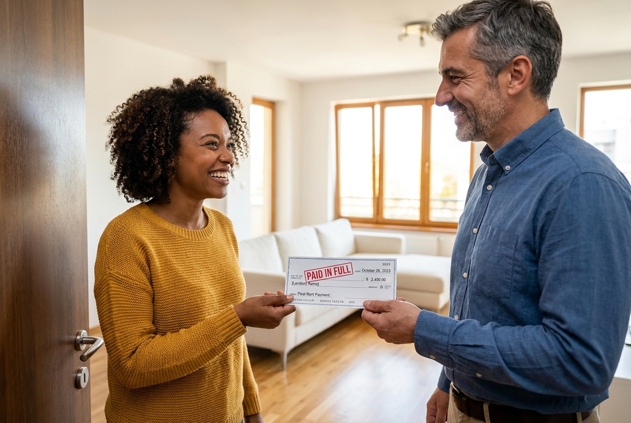 Woman handing landlord a Paid In Full check